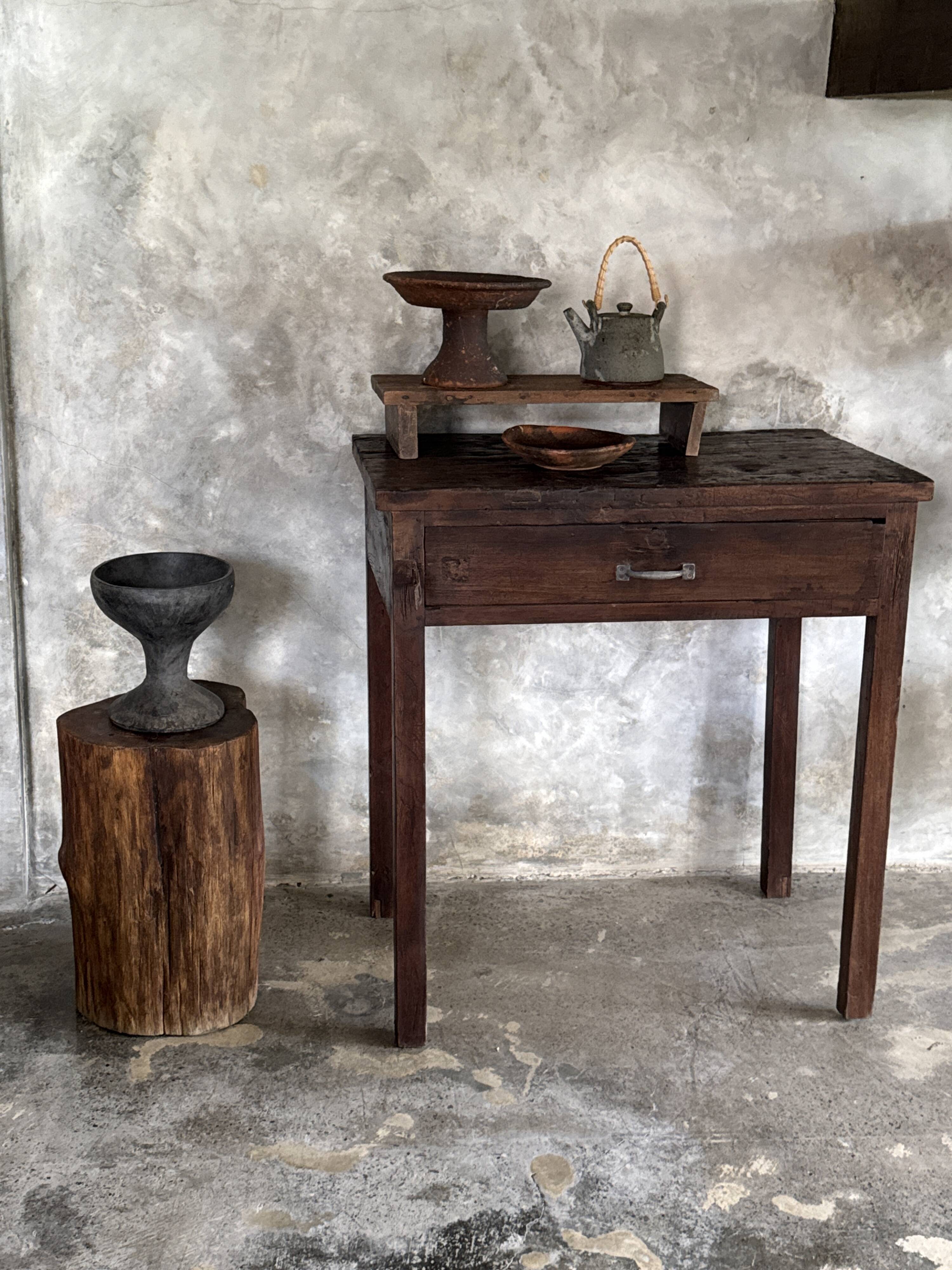 Antique Indonesian teak workbench with one drawer H82.5 L76x49.