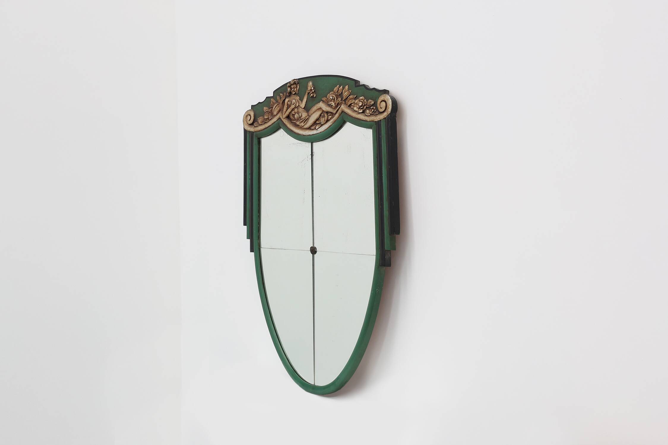 French Art Deco mirror in green carved wood, 1930s