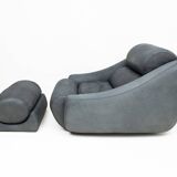Large lounge chair and ottoman in leather, 1970