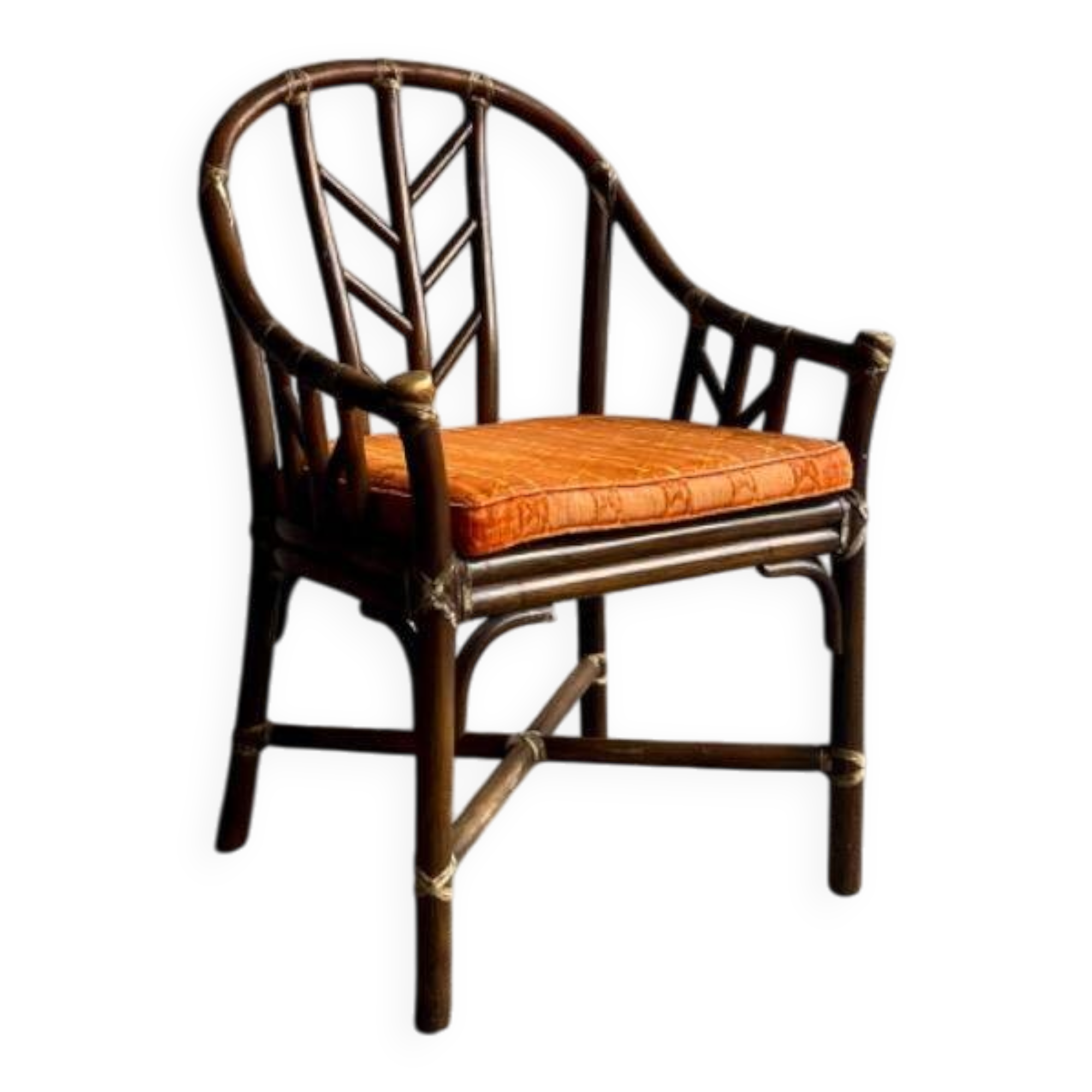 Rare McGuire 1970s dark brown rattan armchairs — set of 6, bamboo bindings, mid-century boho