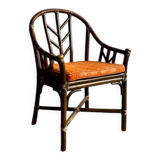 Rare McGuire 1970s dark brown rattan armchairs — set of 6, bamboo bindings, mid-century boho