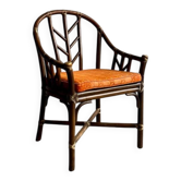 Rare McGuire 1970s dark brown rattan armchairs — set of 6, bamboo bindings, mid-century boho