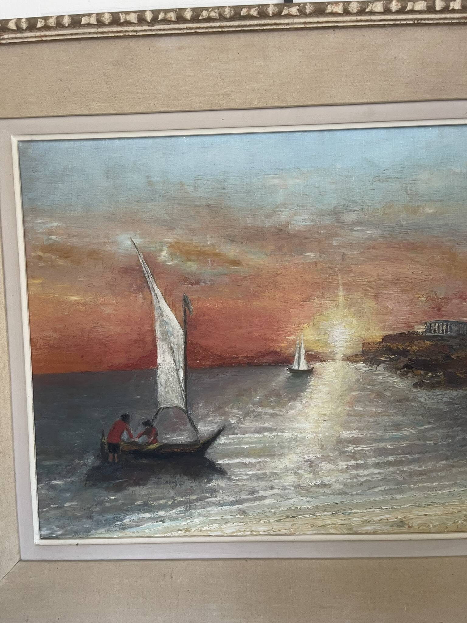 Oil Painting Canvas Sunset Boat Sea Sailboat Frame 62x