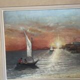 Oil Painting Canvas Sunset Boat Sea Sailboat Frame 62x