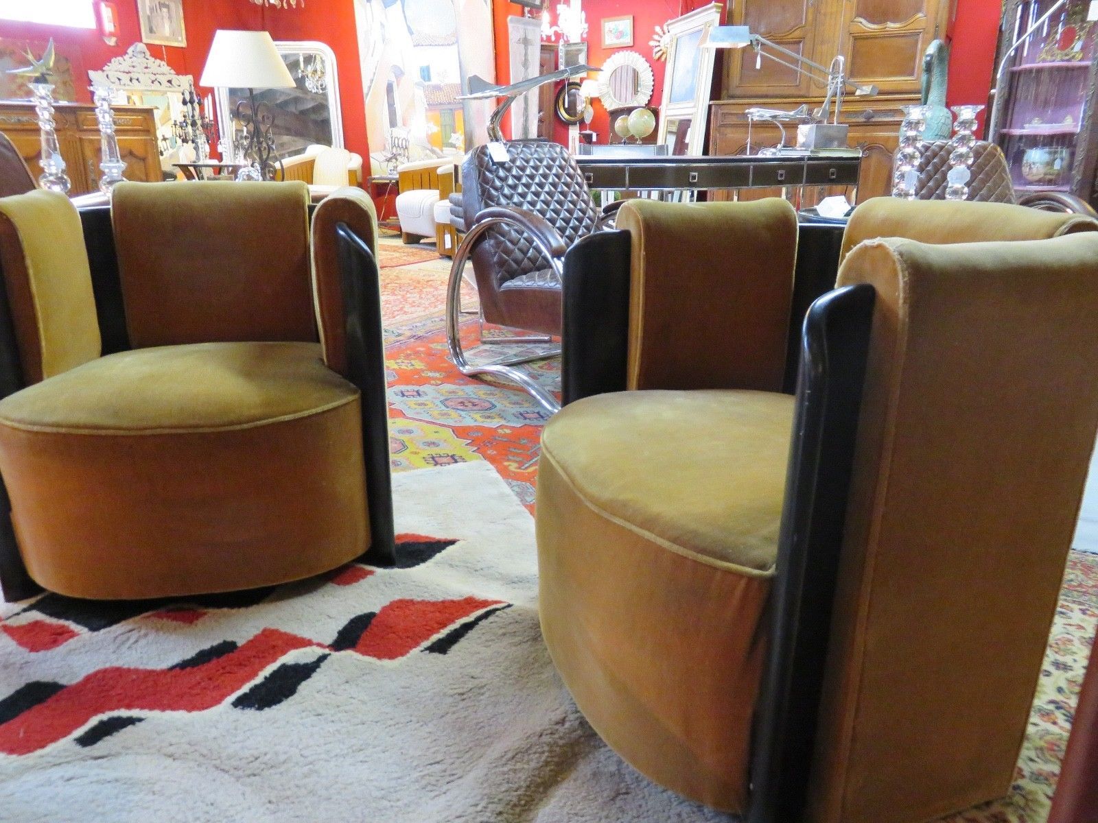 Set of 2 armchairs Art Deco 1950 velvet and blackened wood