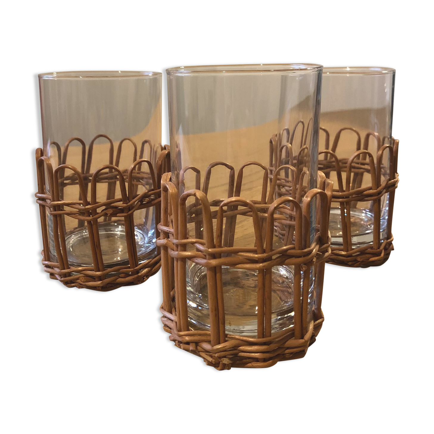 Set of 7 bases of braided rattan glasses and 3 glasses