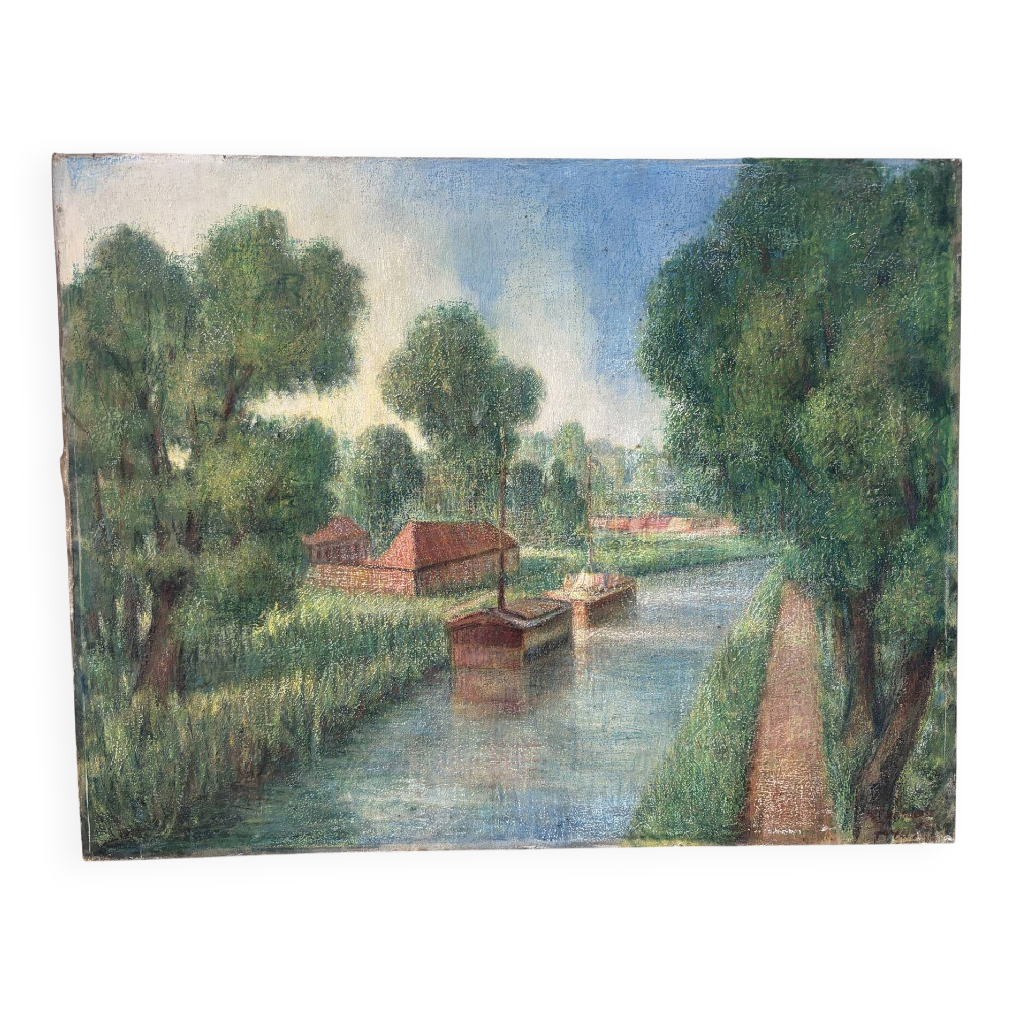 Canal stroll, oil on canvas signed