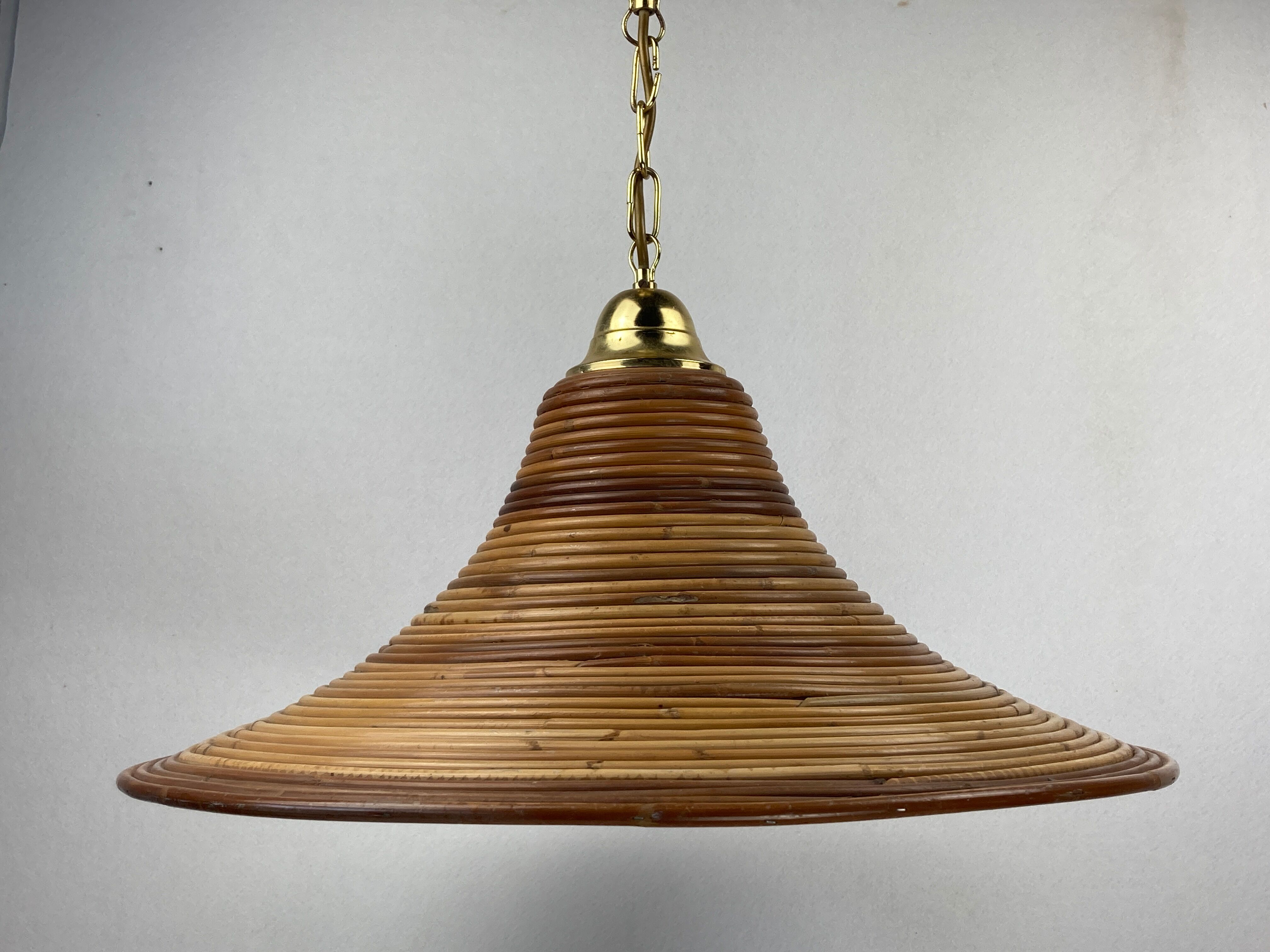 Pencil split reed rattan bamboo and brass pendant Lamp, 1970s