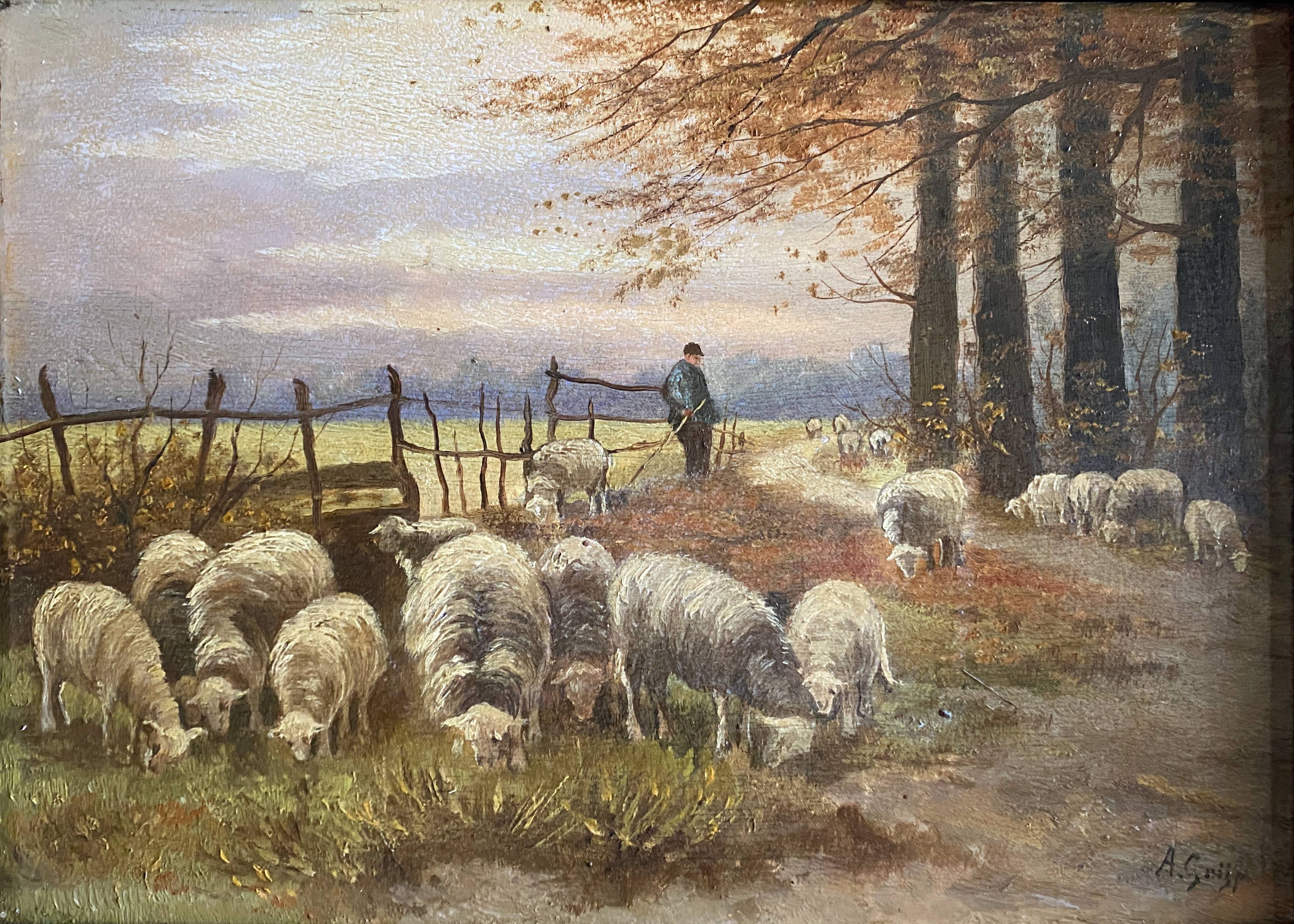 Impressionist painting "Shepherd and his sheep" 19th century signed Barbizon