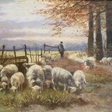 Tableau impressionniste "Berger se ses moutons" XIX° siècle signé Barbizon