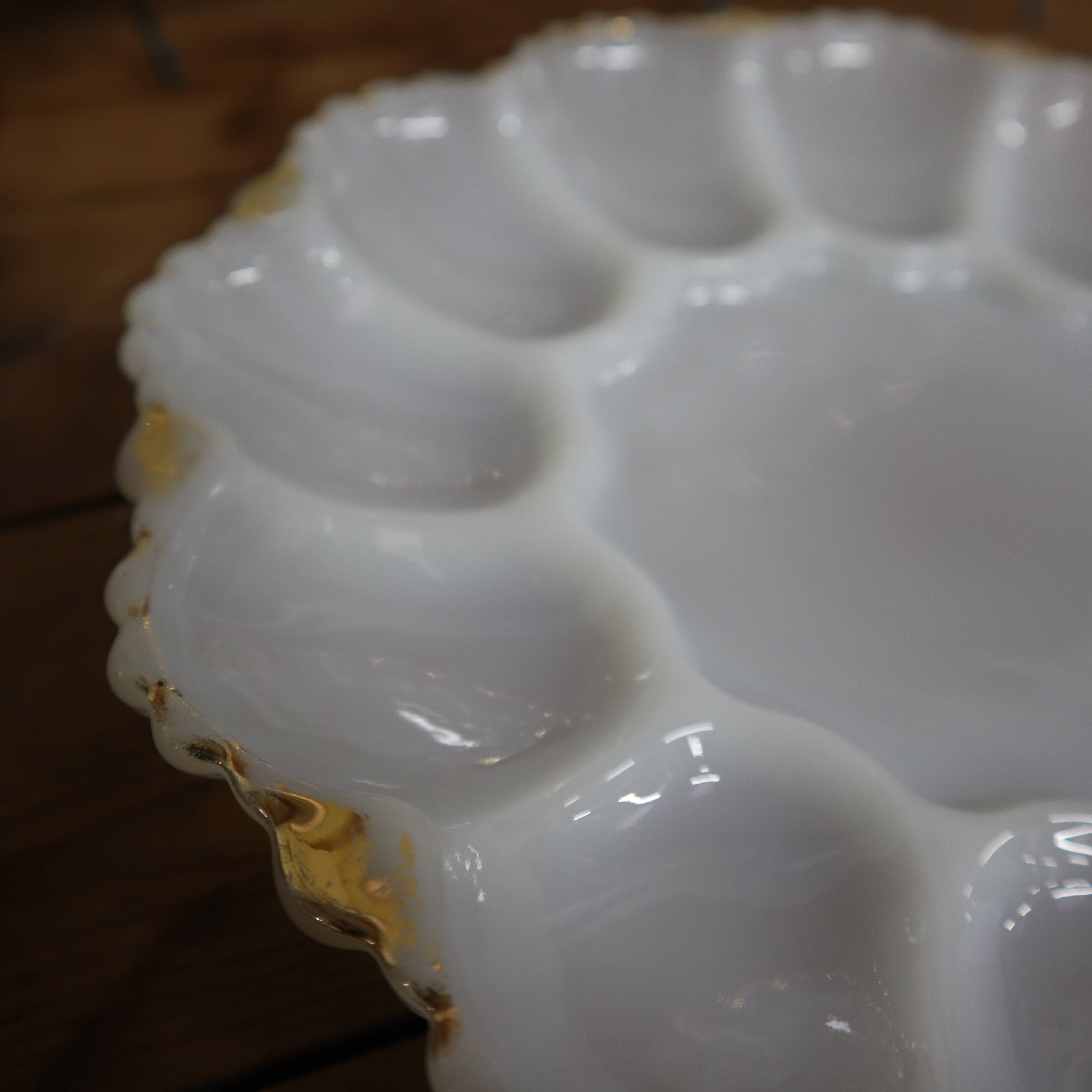 3 vintage plates for deviled eggs / oysters in white glass and gold