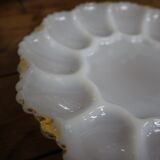 3 vintage plates for deviled eggs / oysters in white glass and gold
