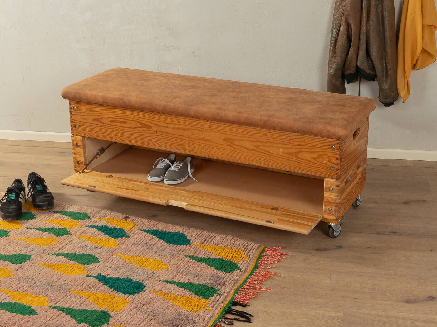 Unique storage chest as a storage cabinet and bench.