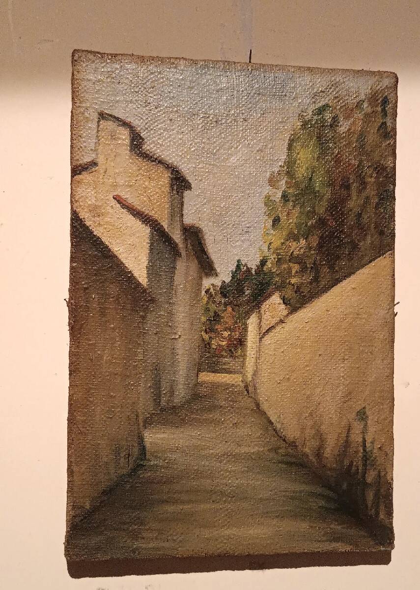 Antique painting from the late 19th century, a view of the village, oil on canvas