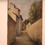 Antique painting from the late 19th century, a view of the village, oil on canvas