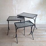 Set of 3 black wrought iron side tables with gold-coloured accents, 1950s