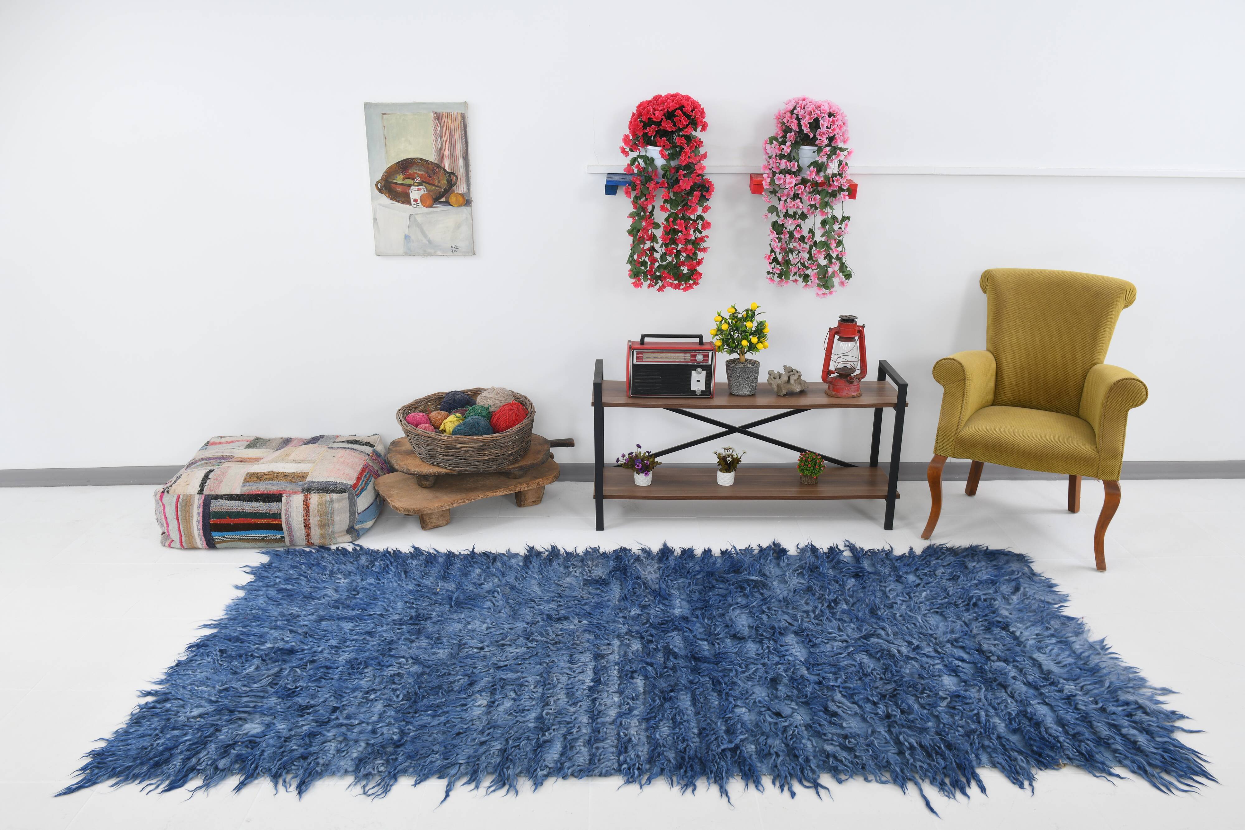 4x9 handmade wool blue vintage rug, 122x266cm