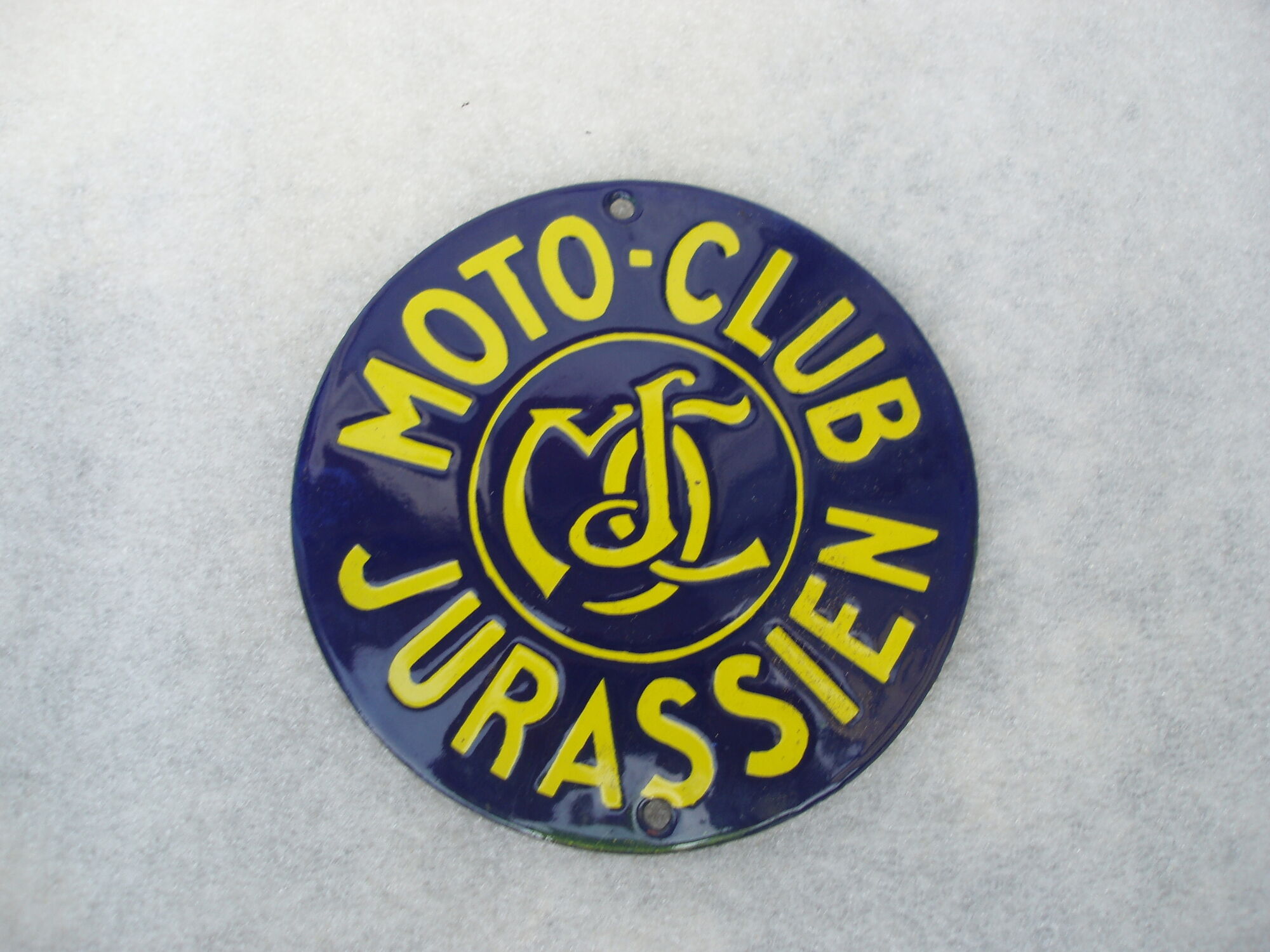 Former 1960s blue and yellow round enamel plate for Moto Club
