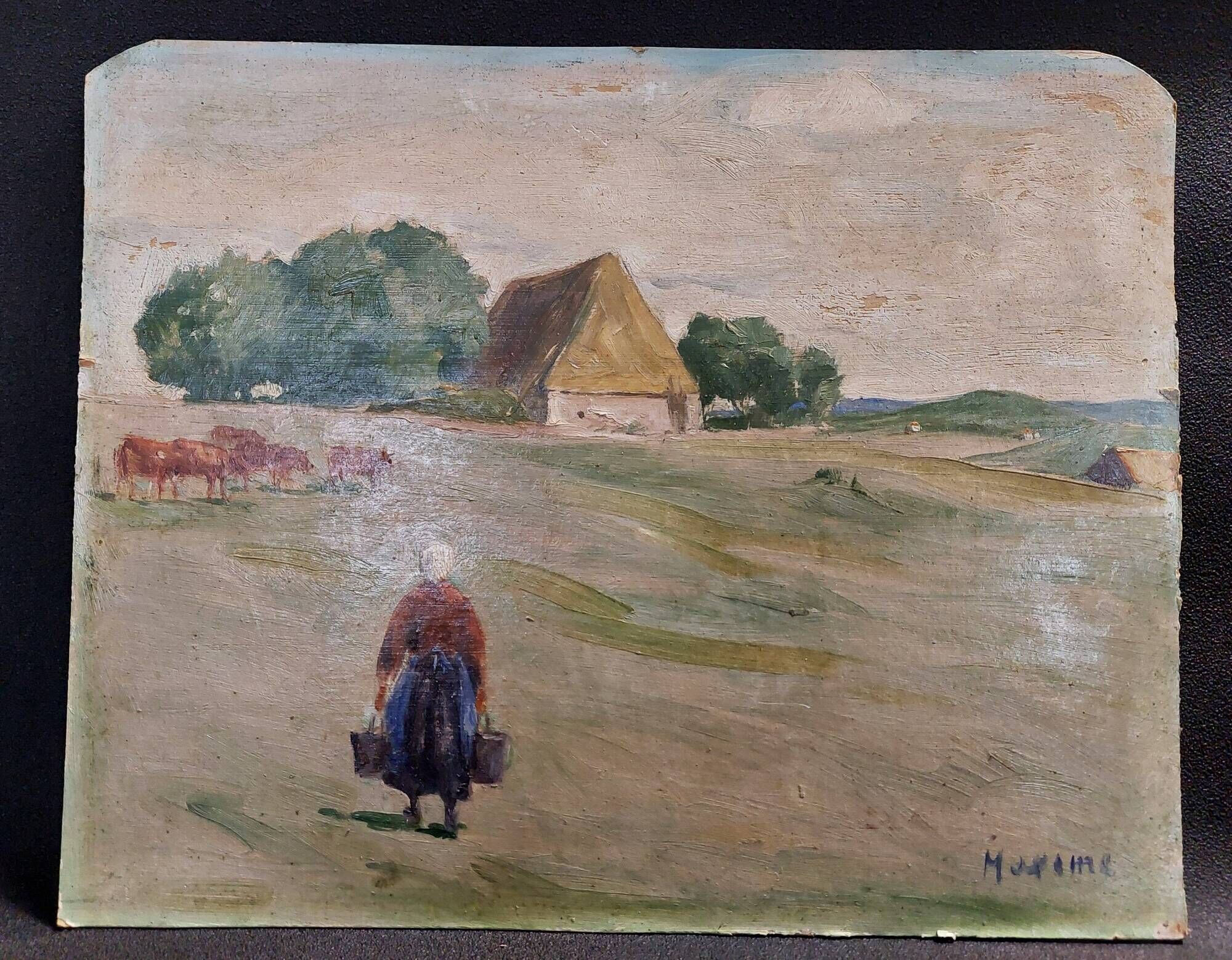 Oil painting on cardboard, rural landscape, early 20th century