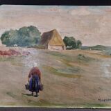 Tableau peinture huile sur carton paysage champêtre début XXème