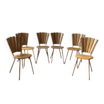 Ensemble de 6 chaises de salle à manger vintage à dossier en éventail avec un revêtement en simili cuir beige, années 1960-1970, 80 × 50 cm