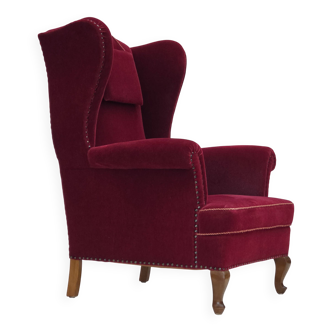 1960s, Danish highback wingback armchair, cherry-red furniture velour.