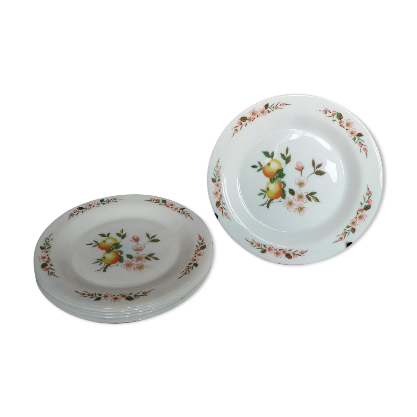 6 assiettes dessert Arcopal décor pomme fleur pommiers vaisselle ancienne elf