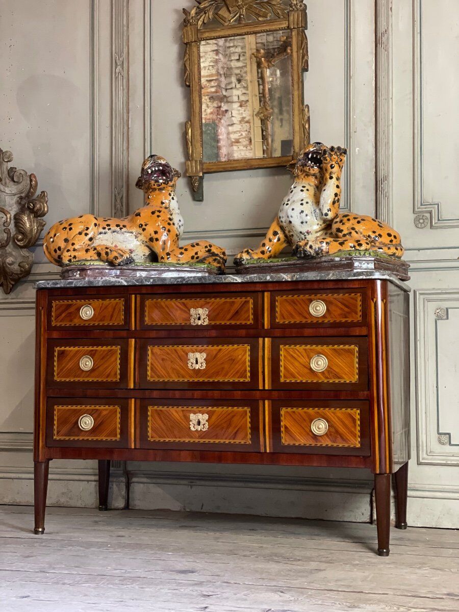 Louis XVI commode in veneer, gilt bronze and grey Ardennes marble, 18th century