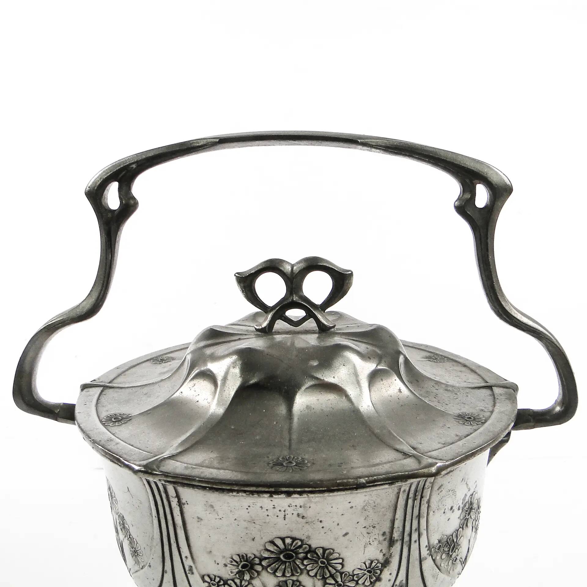 Art Nouveau tea caddy, silver-plated pewter, Orivit, Germany, early 20th century