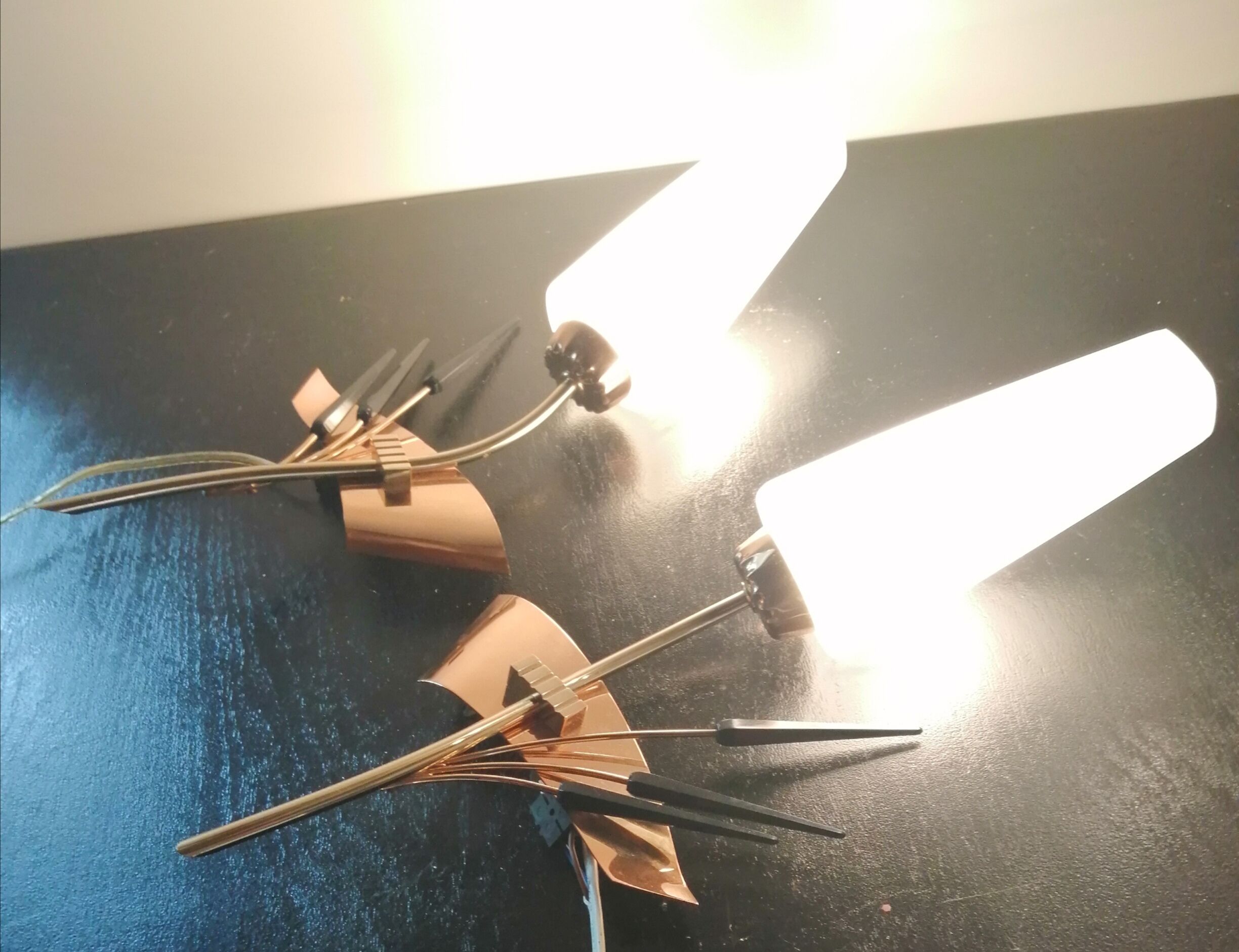 Pair of vintage brass and white glass sconces 1950-60