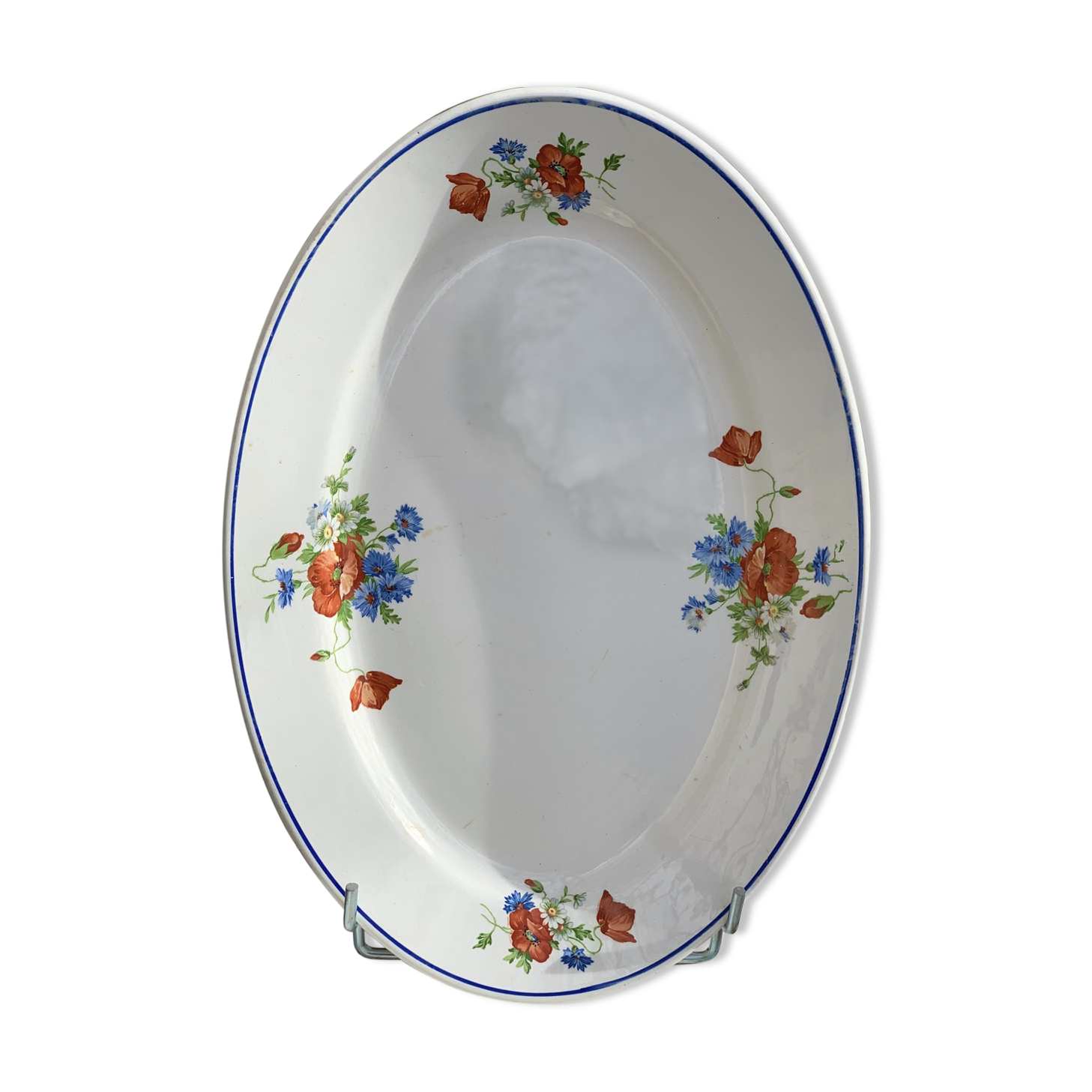 Long old plate in earthenware Salins decoration poppies
