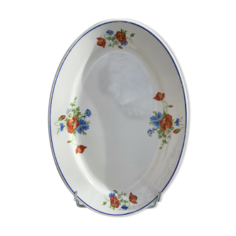 Long old plate in earthenware Salins decoration poppies