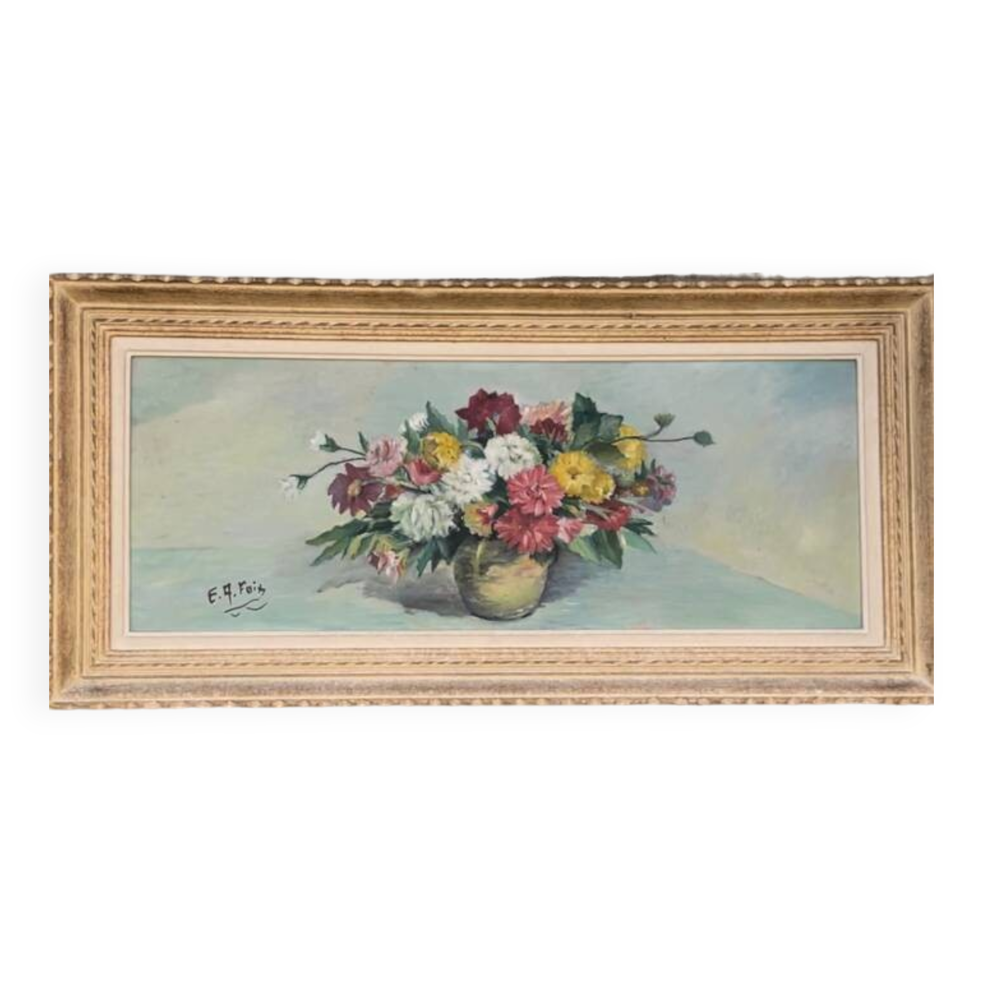 Large vintage painting of a bouquet of flowers signed EA Foix