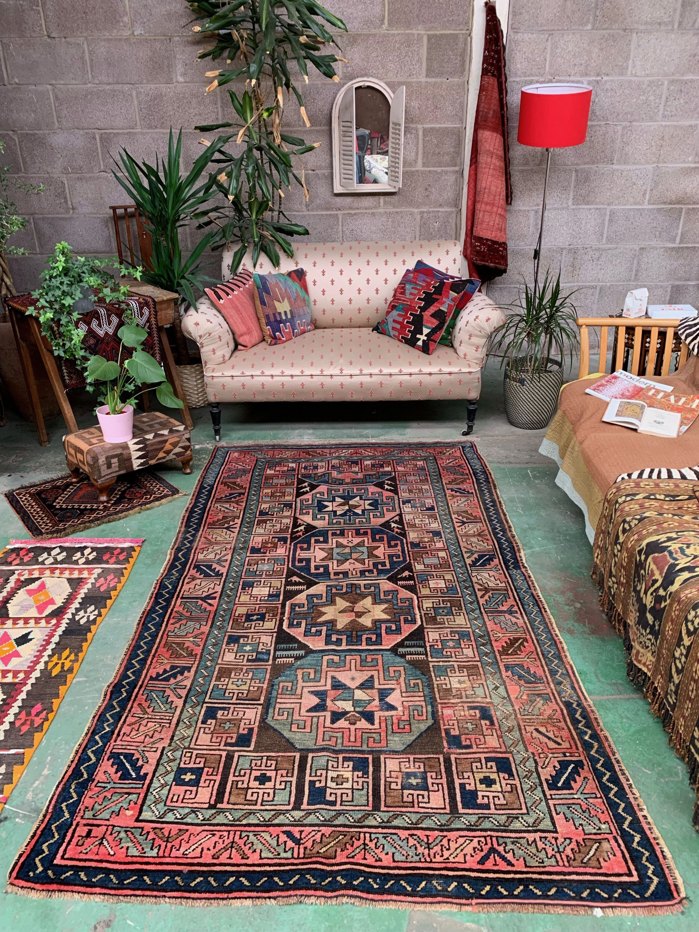 Old Turkish Kazak Rug 226x135 cm vintage tribal carpet, Red and Blue Large