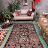 Tapis turc kazak 226x135 cm tapis tribal vintage rouge et bleu grand