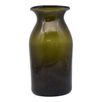 Old olive green blown glass mushroom jar, decorative object.