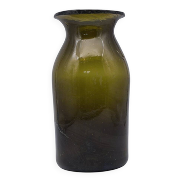 Ancien bocal à champignons en verre soufflé vert olive, objet décoration