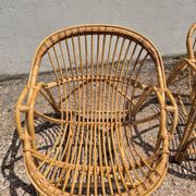 Rattan lounge with two armchairs and a vintage 1950s bench.