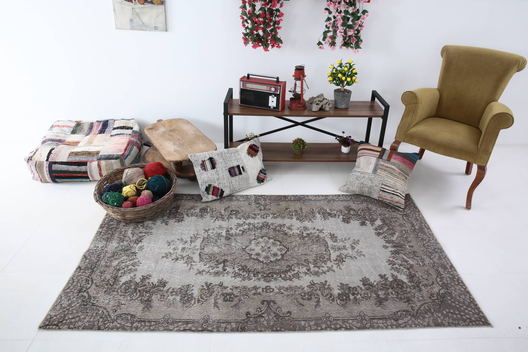 4x7 Gray & Brown Turkish Vintage Rug 114x214Cm SK 4869