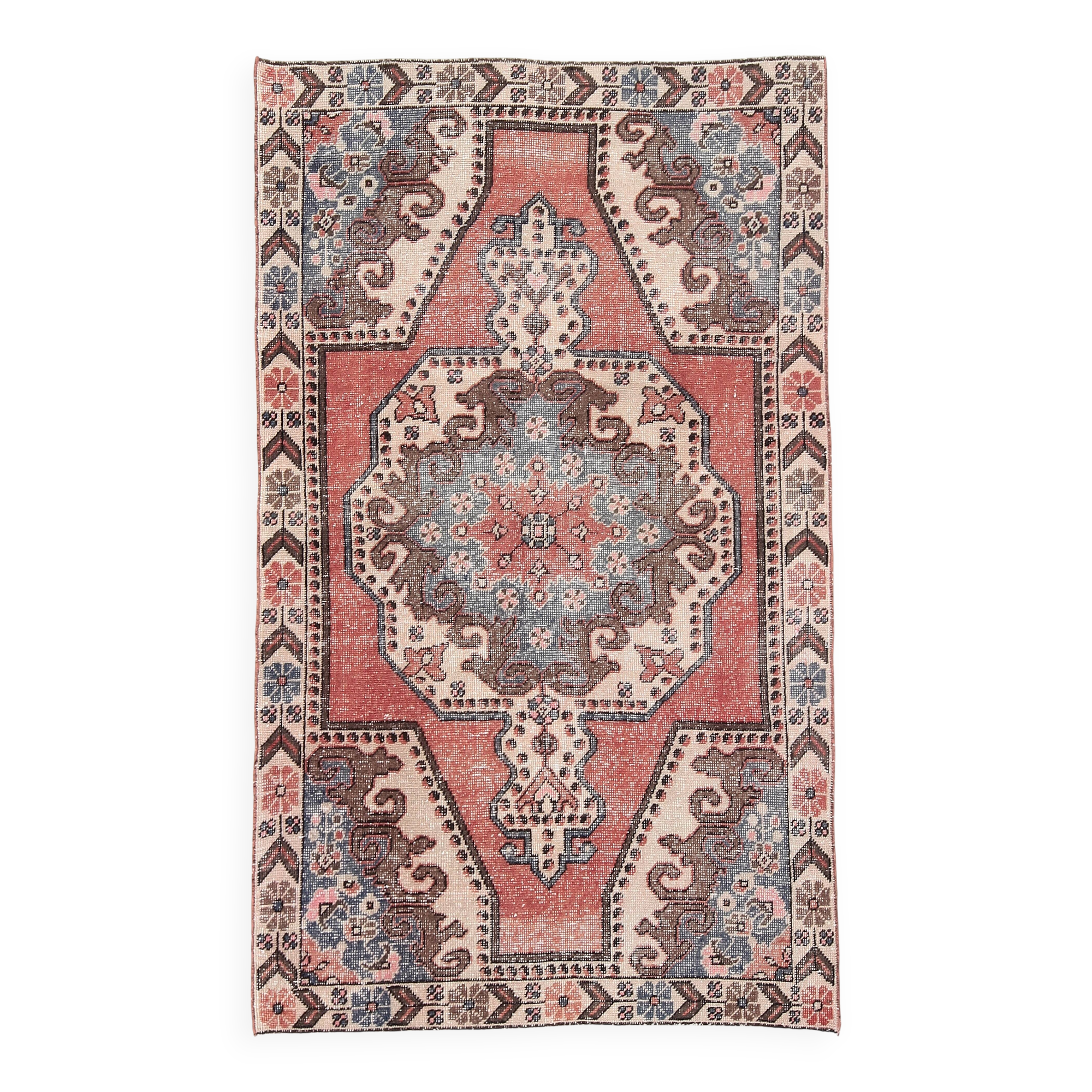 Tapis oriental vintage en laine, médaillon géométrique corail et bleu