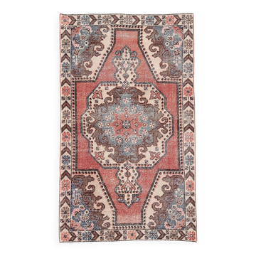 Tapis oriental vintage en laine, médaillon géométrique corail et bleu
