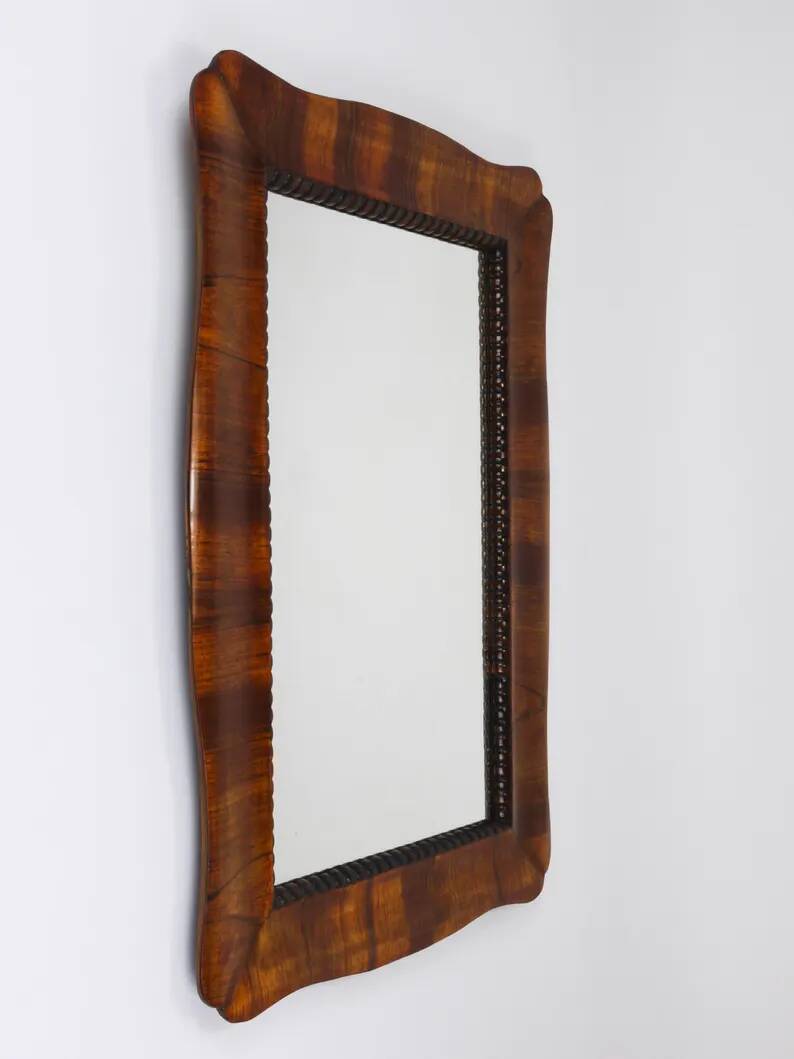 Square Biedermeier Carved & Scalloped Walnut Wall Mirror, Vienna, ca. 1850