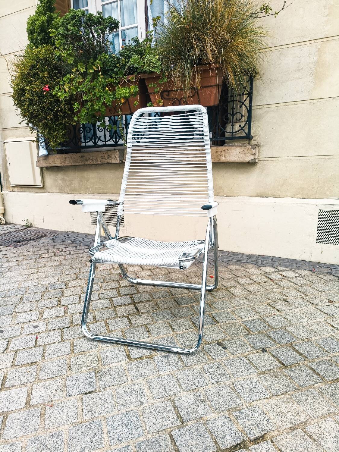 Armchair chaise longue adjustable deckchair with footrest spaghetti scoubidou