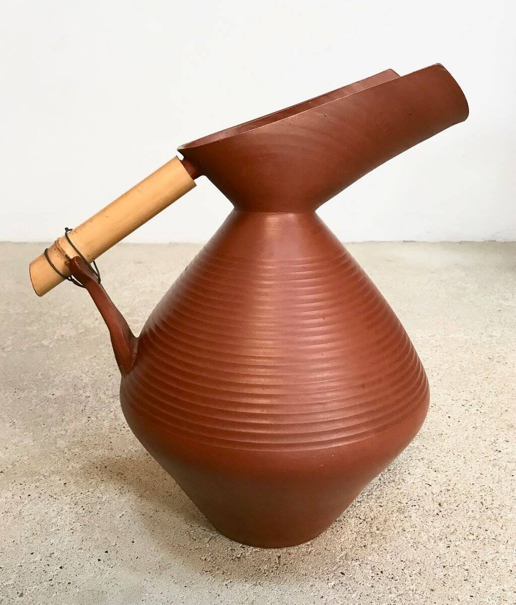 Studio pottery jug floor vase in terracotta and bamboo handle Germany 1950s
