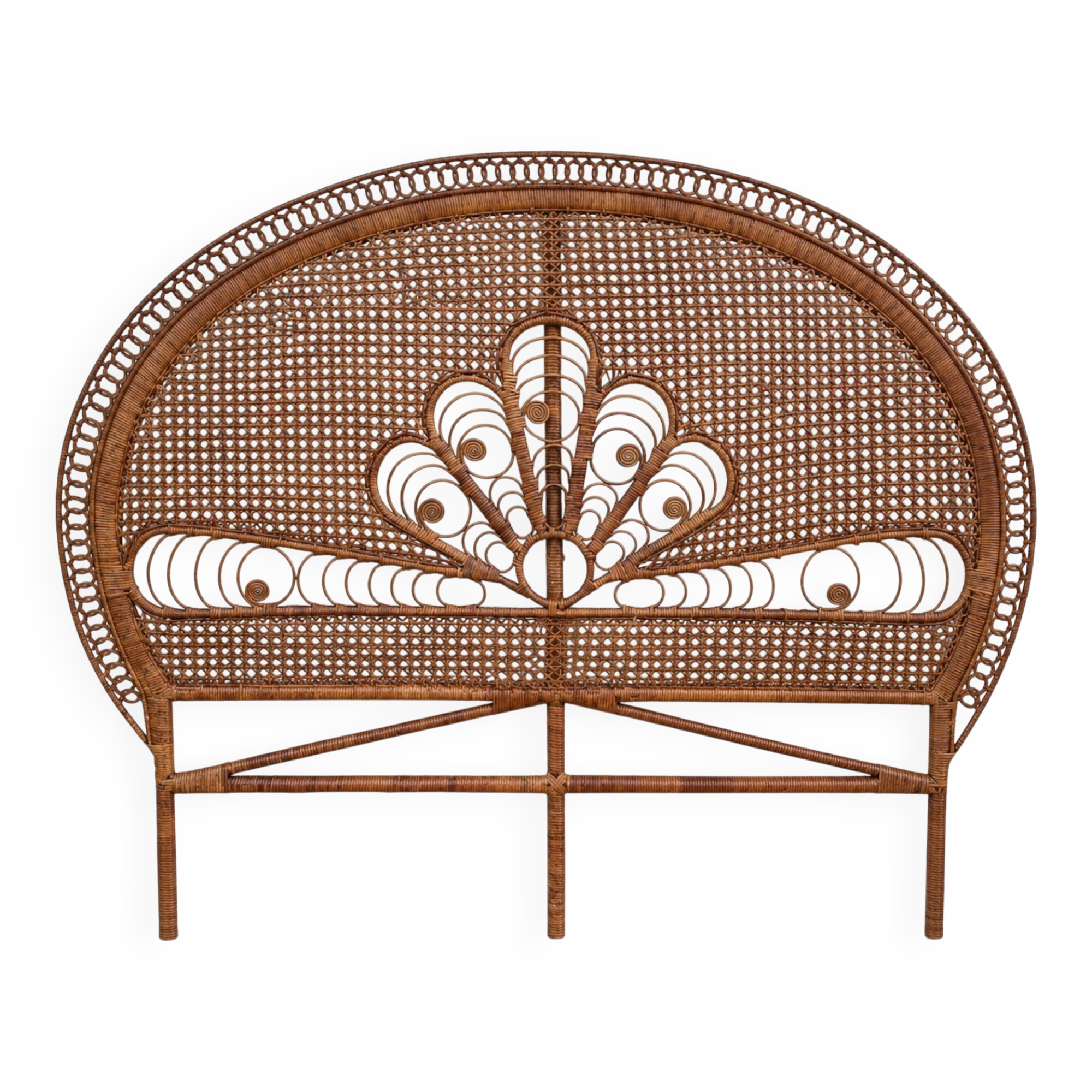 Large vintage headboard in woven rattan fan / Peacock 180cm