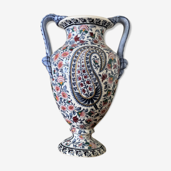 Vase amphore ancienne en faïence de Gien décor cachemire