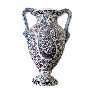 Vase amphore ancienne en faïence de Gien décor cachemire