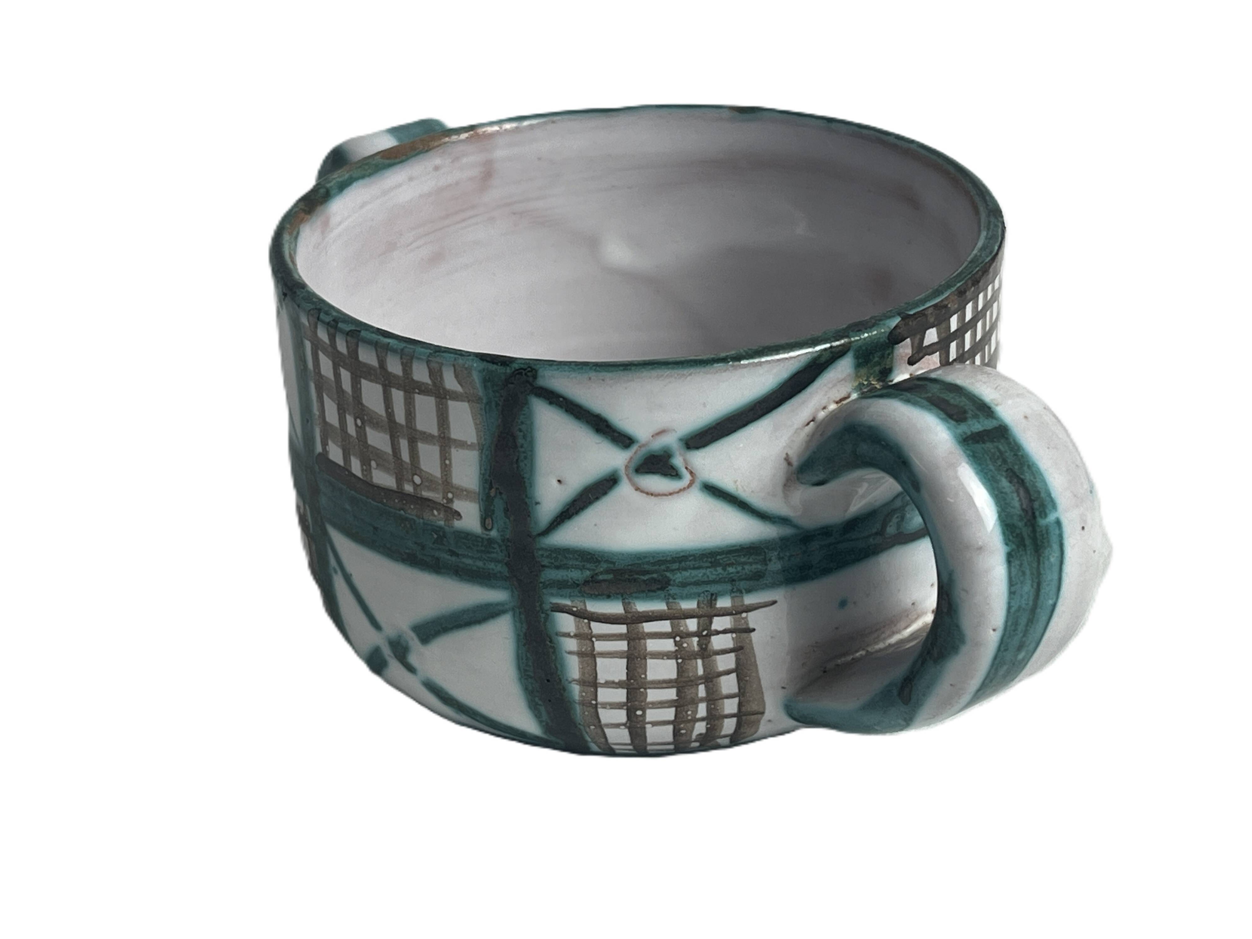 Robert Picault, bowl with two handles, polychrome earthenware, 20th century.