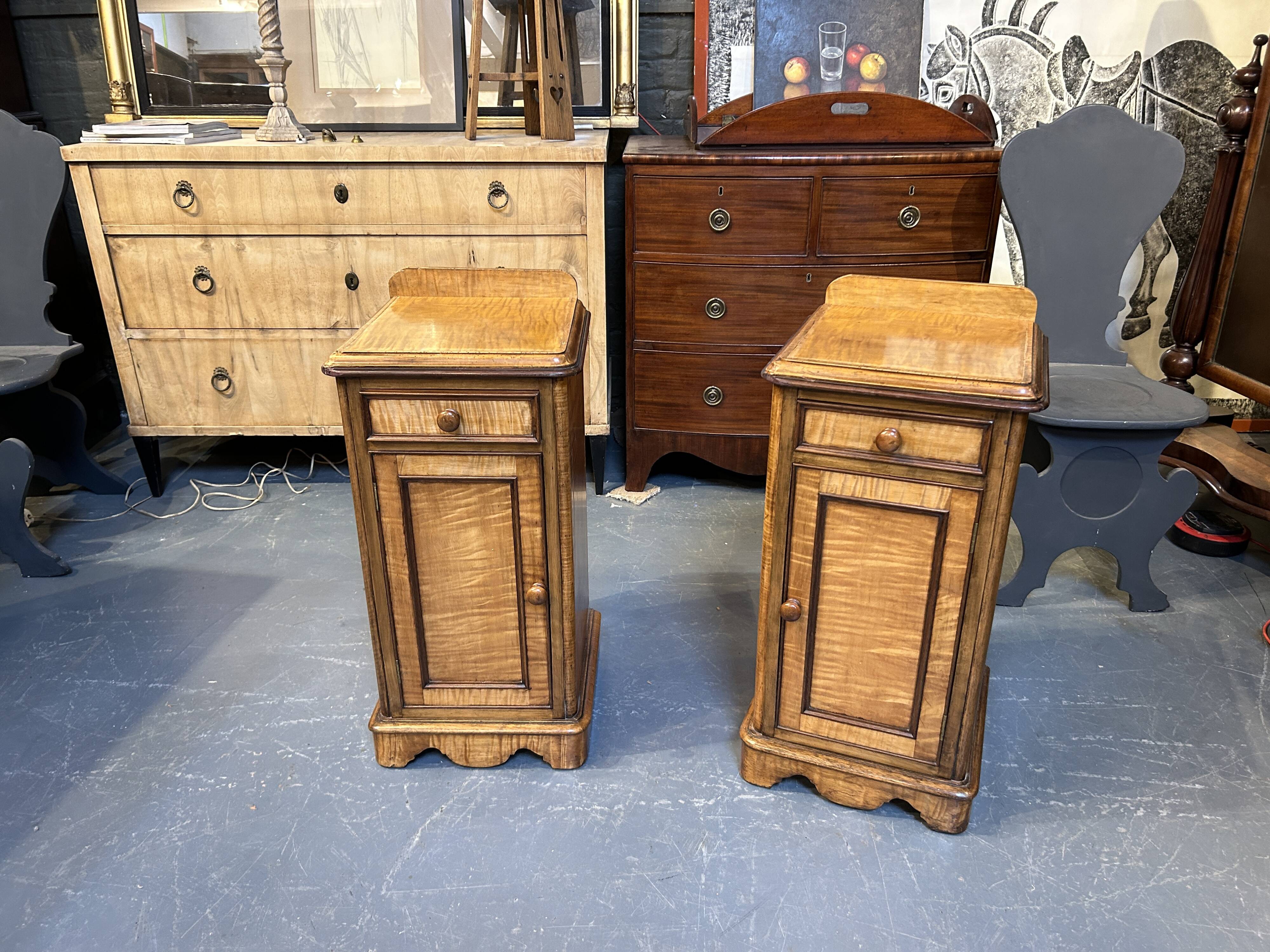 Pair Victorian satinwood bedside cabinets