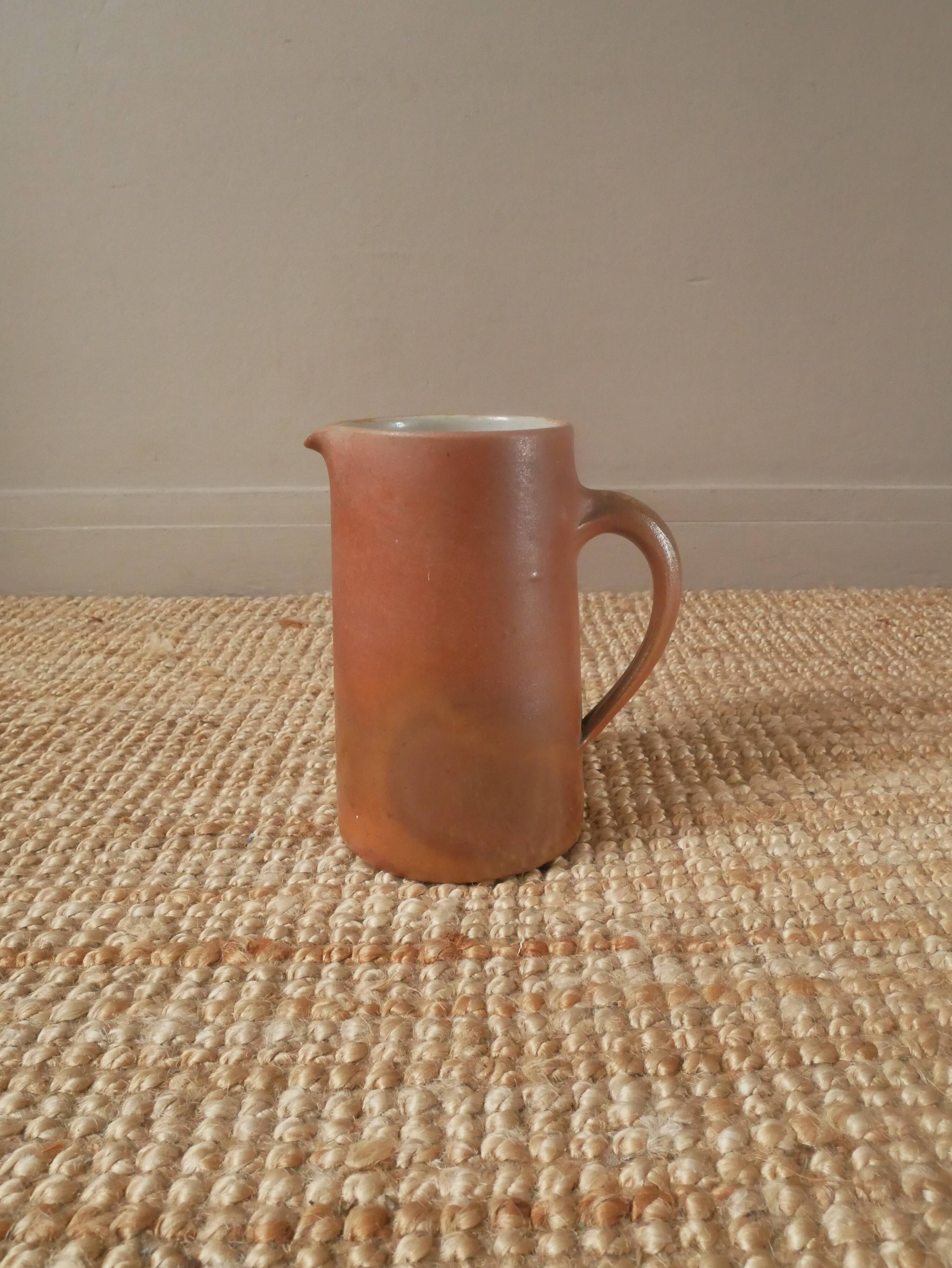 Pitcher vase with handle in vintage sandstone ceramic Scandinavian country decorative object
